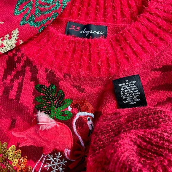X Ugly Christmas Sweater Red Flamingos Parrots Bells (XL) - Picture 7 of 9